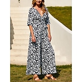 billiga Overall-Dam Jumpsuits Knytbälte Grafisk V-hals Stylish Arbete Semester Bootcut Normal Halvlång ärm Svart S M L Alla årstider