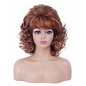 preiswerte ältere Perücke-Kurze Vintage-Bienenstock-Perücke in Ingwer-Mischblond mit Pony, lockiges, gewelltes, hitzebeständiges Kunsthaar für Damen, passend für 70er- und 80er-Jahre-Kostüme oder Halloween und Partys