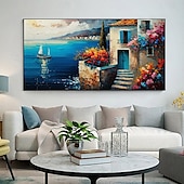 voordelige Schilderijen van landschappen-met de hand geschilderd mediterraan landschap olieverfschilderij op canvas impressionistisch schilderij van de middellandse zee canvas kunst getextureerde kustschildering muurkunst schilderij voor