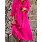 cheap Dresses-Women&#039;s Black White Yellow Summer Spring Midi Dress Linen-Inspired Dresses Shirt Dress Casual Dress Basic Modern Daily Weekend Loose Fit Plain Shirt Collar