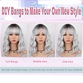 economico Parrucche trendy sintetiche-parrucca ondulata grigio argento con frangia per le donne parrucche grigie ombre lunghezza fino alle spalle parrucca riccia bob dall&#039;aspetto naturale bianco argento con radici scure capelli sintetici