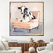 cheap Animal Paintings-Handmade A cow sitting on a sofa painting  handmade Abstract Cow Oil Painting Unique Artwork Vibrant Animal Canvas painting Wall Art Cow painting for living room bedroom wall home decor