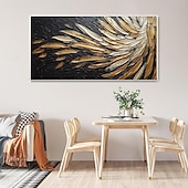preiswerte Abstrakte Gemälde-Handgemaltes abstraktes Federölgemälde auf Leinwand, handgemaltes modernes Wandgemälde in Gold und Schwarz für Wohnzimmer, Schlafzimmer, Wanddekoration, individuell strukturiertes Gemälde