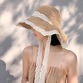 billige Halmhatt-elegant beige/khaki stråhatt med snørebånd bred rand volangsolhatter pustende reisestrandhatter for kvinner jenter sommer utendørsferie