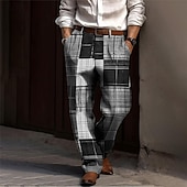 billiga Lösa-rutig business casual herr 3d-tryck klänning byxor byxor utomhus street wear till jobbet polyester khaki grå s m l byxor med hög elasticitet