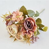 baratos Sr e Sra Casamento-Flor simulada 6 garfos fumaça e chuva rosa decoração de casa flor artificial rosa flor de seda estilo europeu esquema de cores mesa de jantar de hotel arranjo de flores