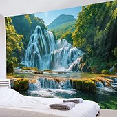 billige Skogteppe-skog kaskade landskap hengende billedvev veggkunst stor billedvev veggmaleri dekor fotografi bakteppe teppe gardin hjem soverom stue dekorasjon