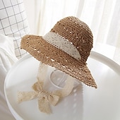 economico Cappelli di paglia-cappello a secchiello all&#039;uncinetto cavo nastro di pizzo cravatta a tesa larga cappello da sole in paglia traspirante eleganti cappelli da spiaggia da viaggio per ombrellone per donna