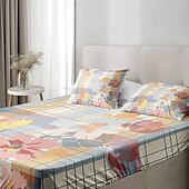 abordables Sábanas y funda de almohada-Juego de sábanas ajustables con patrón de primavera a rayas florales 100% algodón, sábanas sedosas y transpirables ultra suaves, sábanas con bolsillos profundos, tamaño queen king de 3 piezas