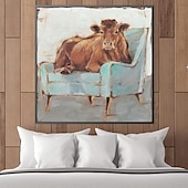 cheap Animal Paintings-Handmade A cow sitting on a sofa painting  handmade Abstract Cow Oil Painting Unique Artwork Vibrant Animal Canvas painting Wall Art Cow painting for living room bedroom wall home decor