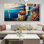 voordelige Schilderijen van landschappen-met de hand geschilderd mediterraan landschap olieverfschilderij op canvas impressionistisch schilderij van de middellandse zee canvas kunst getextureerde kustschildering muurkunst schilderij voor