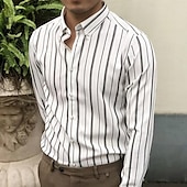 preiswerte Herrenhemd zum Knöpfen-Herren Hemd Sommerhemd Freizeithemd Strandhemd Knopfhemd Gestreifte Hemden Schwarz Weiß Blau Langarm Gestreift Umlegekragen Urlaub Ferien Button-Down Bekleidung Polyester Mode Lässig Bequem