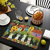 abordables Napperons et sous-verres et dessous de plat-sets de table de table à manger en lin série doodle art cat imperméables à l&#039;huile et isolés tapis de table à manger ménagers résistants à la chaleur imperméables à l&#039;huile et isolés tapis de table à
