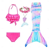 voordelige Zeemeermin badpak-Kinderen Voor meisjes Vijf stuk Zeemeermin zwemkleding Badmode Bikini Strand Zwemmen Regenboog Tie Dye leuke Style Badpakken 3-10 jaar Zomer Licht Blauw Kleurrijk