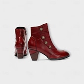 tanie Buty do kostki-damskie botki vintage z czerwonej skóry – najwyższej jakości skóra bydlęca z kwiatowymi akcentami guzikowymi i grubym obcasem, idealne do stylu retro i na co dzień