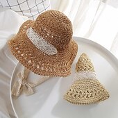 economico Cappelli di paglia-cappello a secchiello all&#039;uncinetto cavo nastro di pizzo cravatta a tesa larga cappello da sole in paglia traspirante eleganti cappelli da spiaggia da viaggio per ombrellone per donna