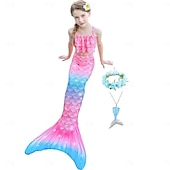 voordelige Zeemeermin badpak-Kinderen Voor meisjes Vijf stuk Zeemeermin zwemkleding Badmode Bikini Strand Zwemmen Regenboog Tie Dye leuke Style Badpakken 3-10 jaar Zomer Licht Blauw Kleurrijk