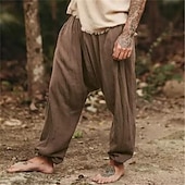 economico retrò-Per uomo Pantaloni di lino Pantaloni Pantaloni estivi Pantaloni da spiaggia Tasche A cordoncino Vita elastica Liscio Comfort Traspirante Giornaliero Per eventi Da mare Hawaiano Boho Marrone Scuro Nero