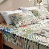abordables Sábanas y funda de almohada-Juego de sábanas ajustables con patrón de primavera a rayas florales 100% algodón, sábanas sedosas y transpirables ultra suaves, sábanas con bolsillos profundos, tamaño queen king de 3 piezas