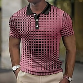 cheap Men&#039;s Color Block Polo-Men&#039;s Plaid Waffle Polo Shirts Golf Shirt Short Sleeve Polo Shirts Collared Shirts Vintage Casual Vacation Wear Formal Wear Festival Wear Buttons 3D Print Light Yellow Light Pink Black-White