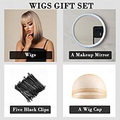 economico Parrucche trendy sintetiche-parrucca bionda castano bob ombre con frangia parrucche corte diritte naturali per donne parrucche sintetiche lunghe fino alle spalle per cosplay quotidiano