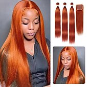 baratos 3 conjuntos com fecho-Pacotes de cabelo colorido com fecho #350 gengibre cabelo humano brasileiro tecelagem com 4*4 fechos osso extensão de cabelo reto