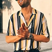 Men's Shirt Summer Shirt Casual Shirt Beach Shirt Button Up Shirt Striped Shirts Black White Yellow Blue Orange Short Sleeve Stripes Lapel Vacation Hawaiian Clothing Apparel Polyester Fashion Casual 19