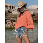 economico Top in Pizzo-Bluse Eleganti in Pizzo per Donna con Occhielli Camicia Boho a Maniche 3/4 Collo a V Petits Romantici da Indossare in Estate e Vacanza Nero Arancione Estate Primavera