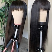 economico Parrucche di capelli veri senza cuffia-parrucche diritte seriche per capelli umani con frangia vergine brasiliana nessuna parrucche anteriori in pizzo parrucche fatte a macchina per le donne nere colore naturale