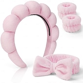 cheap Hair Styling Accessories-Spa Headband for Washing Face, Skincare Headbands and Wrist bands Set, Terry Cloth Makeup Headband, Puffy Anti-Slip Face Wash Headbands for Women for Facial Cleaning, Makeup