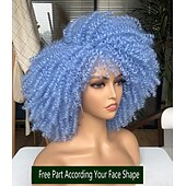 cheap Party Wigs-Curly Wig with Bangs for Black Women Short Kinky Curly Wig 14inch Afro Hair Carnival Party Christmas Cosplay Wigs Sky Blue
