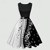 preiswerte abendkleider-Damen Retro 1950er Jahre Vintage Teekleider Midikleid Täglicher Urlaub Rüschendruck Hinweis Rundhalsausschnitt Ärmellos Schlank Sommer Frühling 2023 Schwarzwein S M L XL