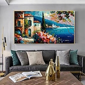 voordelige Schilderijen van landschappen-met de hand geschilderd mediterraan landschap olieverfschilderij op canvas impressionistisch schilderij van de middellandse zee canvas kunst getextureerde kustschildering muurkunst schilderij voor