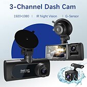 رخيصةأون مشغلات DVR للسيارات-ثلاثة تسجيلات للقيادة، رؤية ليلية 1080 بكسل، ثلاث عدسات، مسجل واي فاي، رؤية عكسية