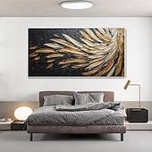 preiswerte Abstrakte Gemälde-Handgemaltes abstraktes Federölgemälde auf Leinwand, handgemaltes modernes Wandgemälde in Gold und Schwarz für Wohnzimmer, Schlafzimmer, Wanddekoration, individuell strukturiertes Gemälde