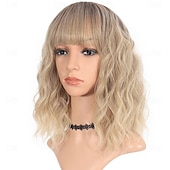 economico Parrucche trendy sintetiche-parrucca ondulata grigio argento con frangia per le donne parrucche grigie ombre lunghezza fino alle spalle parrucca riccia bob dall&#039;aspetto naturale bianco argento con radici scure capelli sintetici