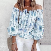 preiswerte Hemden-Damen Boho-Hemd Bluse Blume Modern Boho Langarm Schulterfrei Normale Oberteile Ferien Ausgehen Druck Weiß Rosa Blau Aprikose Sommer