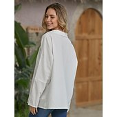 voordelige Overhemden-Dames Katoenen linnen overhemd Blouse Effen Basic Lange mouw V-hals Normale tops Werk Casual Knop Zak Zwart Wit Rood Khaki Grijs Zomer Lente