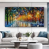 abordables Peintures paysages-peinture au couteau à pattle couple peint à la main avec parapluie marchant sous les lumières arbres effet de peinture à l&#039;huile retrousser l&#039;art de la toile peinture d&#039;art mural peinture de paysage