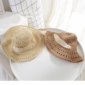 economico Cappelli di paglia-cappello a secchiello all&#039;uncinetto cavo nastro di pizzo cravatta a tesa larga cappello da sole in paglia traspirante eleganti cappelli da spiaggia da viaggio per ombrellone per donna
