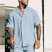 cheap Men's Button Up Shirts-Men's Shirt Shirt Set Summer Shirt Button Up Shirt Casual Shirt Beach Shirt Black Blue Green Short Sleeve Plain Camp Collar Holiday Vacation 2 Piece Clothing Apparel Fashion Casual Comfortable