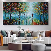 abordables Peintures paysages-peinture au couteau à pattle couple peint à la main avec parapluie marchant sous les lumières arbres effet de peinture à l&#039;huile retrousser l&#039;art de la toile peinture d&#039;art mural peinture de paysage
