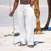 cheap Holiday-Men&#039;s Linen Pants Trousers Summer Pants Beach Pants Pocket Drawstring Elastic Waist Plain Comfort Breathable Daily Holiday Vacation Hawaiian Boho Black White