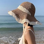 billige Halmhatt-elegant beige/khaki stråhatt med snørebånd bred rand volangsolhatter pustende reisestrandhatter for kvinner jenter sommer utendørsferie