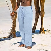 cheap Holiday-Men&#039;s Linen Pants Trousers Summer Pants Beach Pants Pocket Drawstring Elastic Waist Plain Comfort Breathable Daily Holiday Vacation Hawaiian Boho Black White