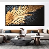 preiswerte Abstrakte Gemälde-Handgemaltes abstraktes Federölgemälde auf Leinwand, handgemaltes modernes Wandgemälde in Gold und Schwarz für Wohnzimmer, Schlafzimmer, Wanddekoration, individuell strukturiertes Gemälde