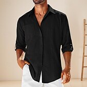 ieftine Business Casual-Bărbați Cămașă cămașă de in Cămașă din bumbac și in Cămașă de vară Cămașă de plajă Simplu Hawaiian Concediu Negru Alb Bleumarin Caisă Manșon Lung Rever Primăvara &amp; toamnă Îmbrăcăminte Peteci