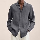 economico camicia da uomo con bottoni-Camicia da uomo in cotone e lino, nera, rosa, blu navy, manica lunga, tinta unita, stile turndown, abbigliamento da vacanza, abbigliamento in poliestere, moda casual