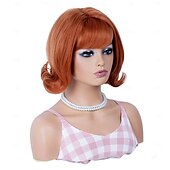 levne Syntetické trendy paruky-měděná paruka pro ženy krátká kudrnatá retro úlová paruka s ofinou zázvor 70. léta 80. léta syntetická kostýmní paruka pro halloween cosplay denní použití