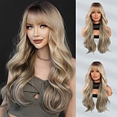 economico Parrucche trendy sintetiche-lunghe parrucche ondulate viola con frangia 26 pollici ricci sintetici parrucche ombre resistenti al cuore per le donne cosplay di feste quotidiane usate